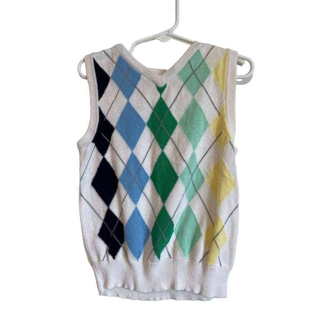 Ruum argyle, v-neck sweater vest sleeveless white blue green lightweight 2T